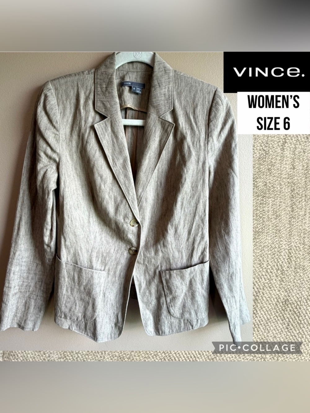 Vince Womens Blazer Tan Linen Blend Classic 2 Button Shoulder Pads Career Size 6